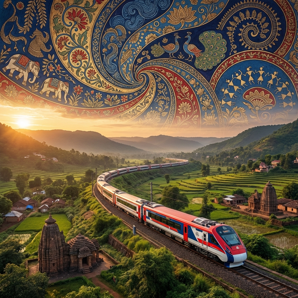 Artistic illustration of Indian Railways train traveling through vibrant cultural landscape
