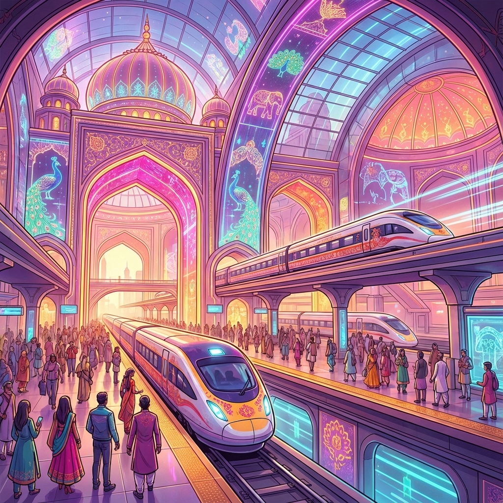 Futuristic Indian Railway station blending traditional architecture with modern trains