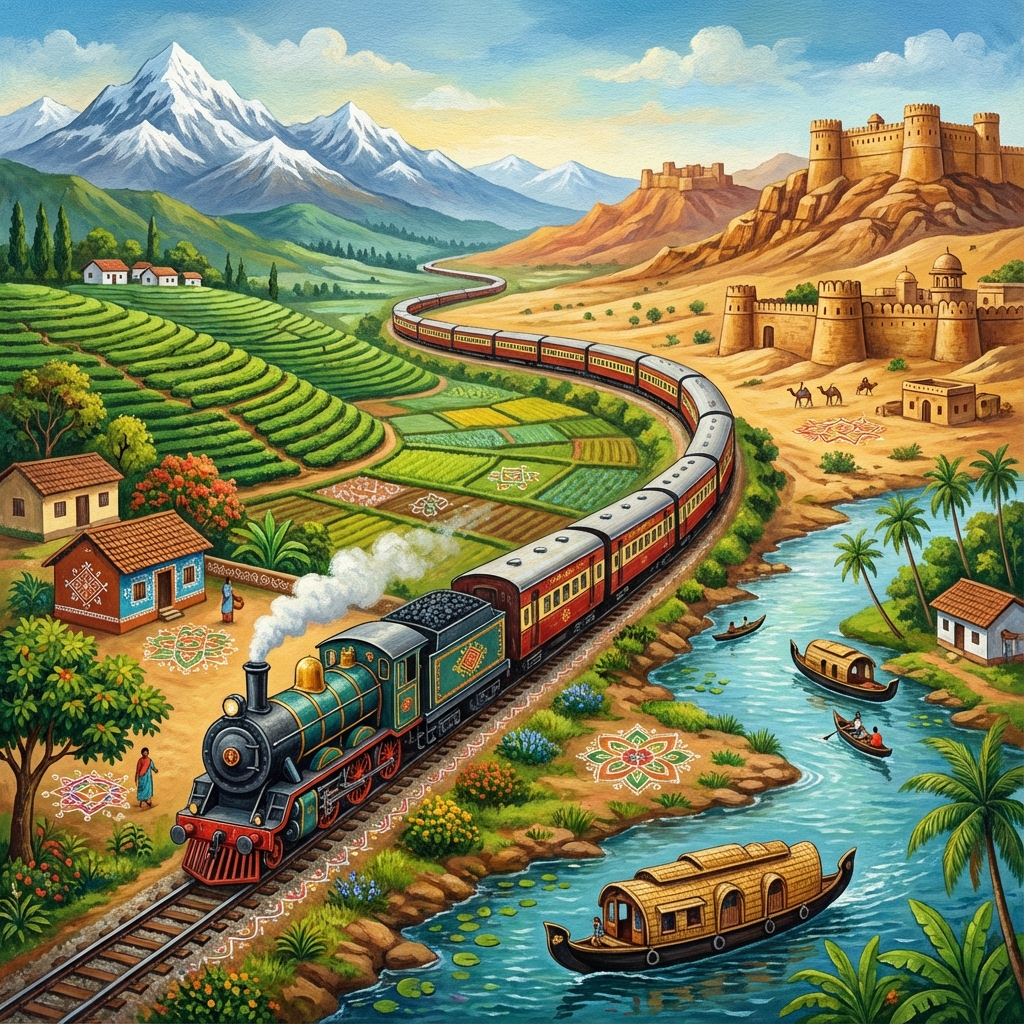 Scenic Indian train journey passing through diverse landscapes with cultural art patterns